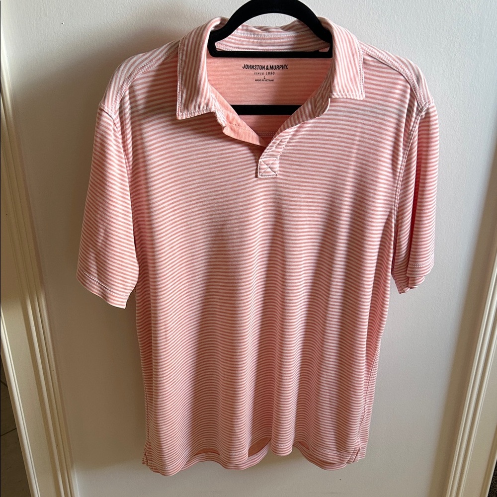 Johnston & Murphy Men's Polo in Pink and White Stripes